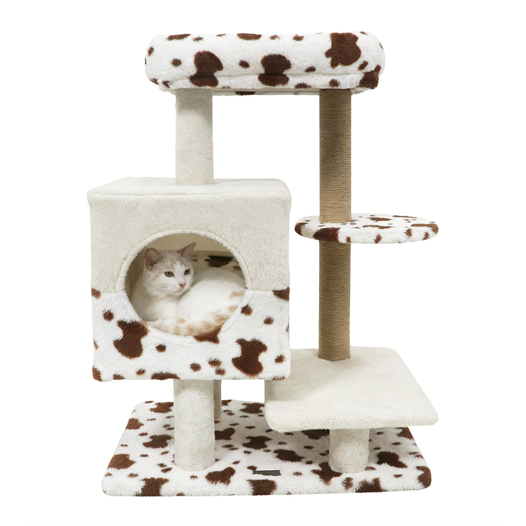 Modern Cat Tree Indoor Cat Tower with Wide Upholstered Perch and 2-Entrance Cat Condo-White DirectDeals