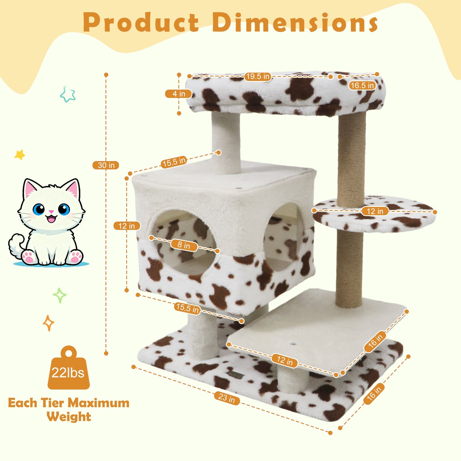 Modern Cat Tree Indoor Cat Tower with Wide Upholstered Perch and 2-Entrance Cat Condo-White DirectDeals
