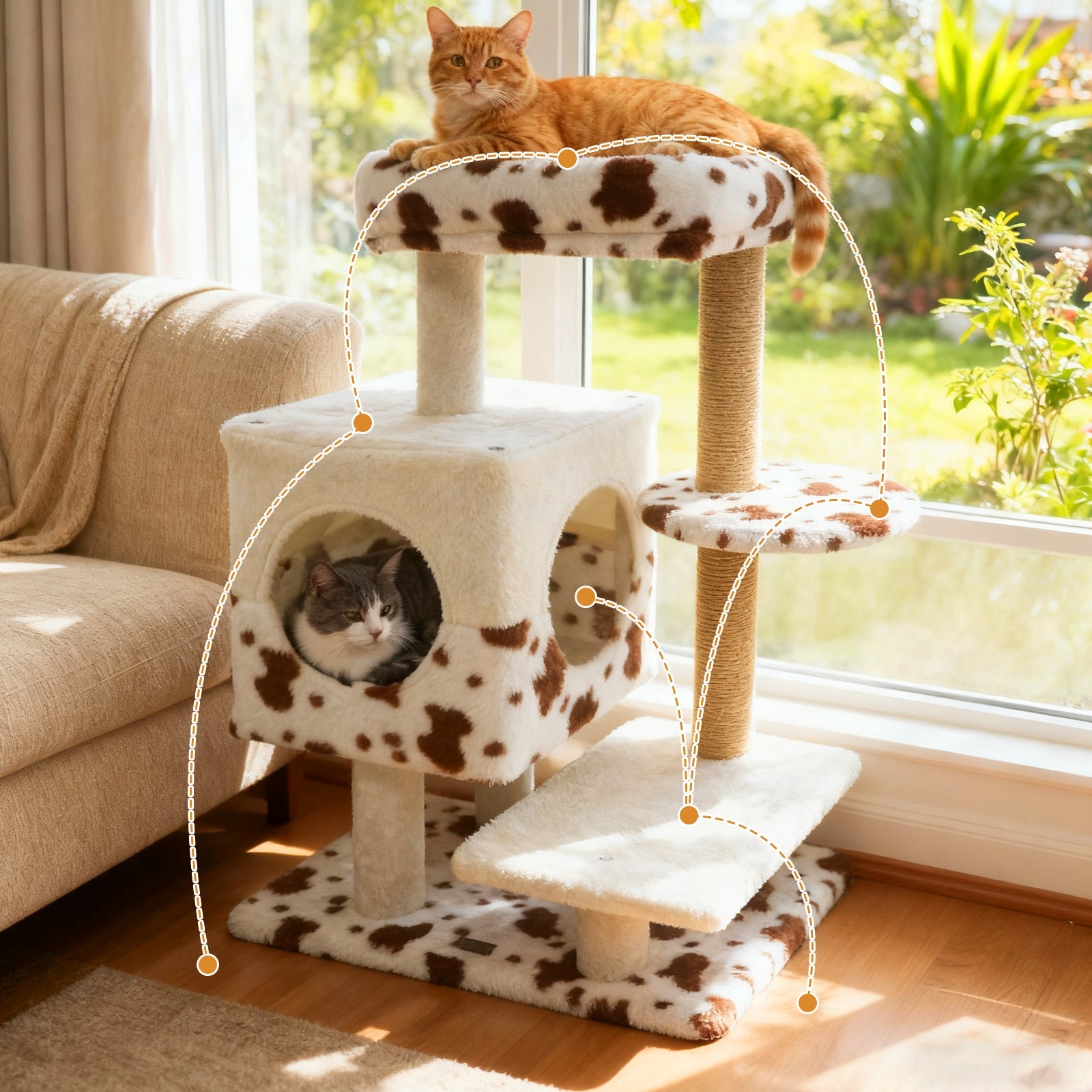 Modern Cat Tree Indoor Cat Tower with Wide Upholstered Perch and 2-Entrance Cat Condo-White DirectDeals