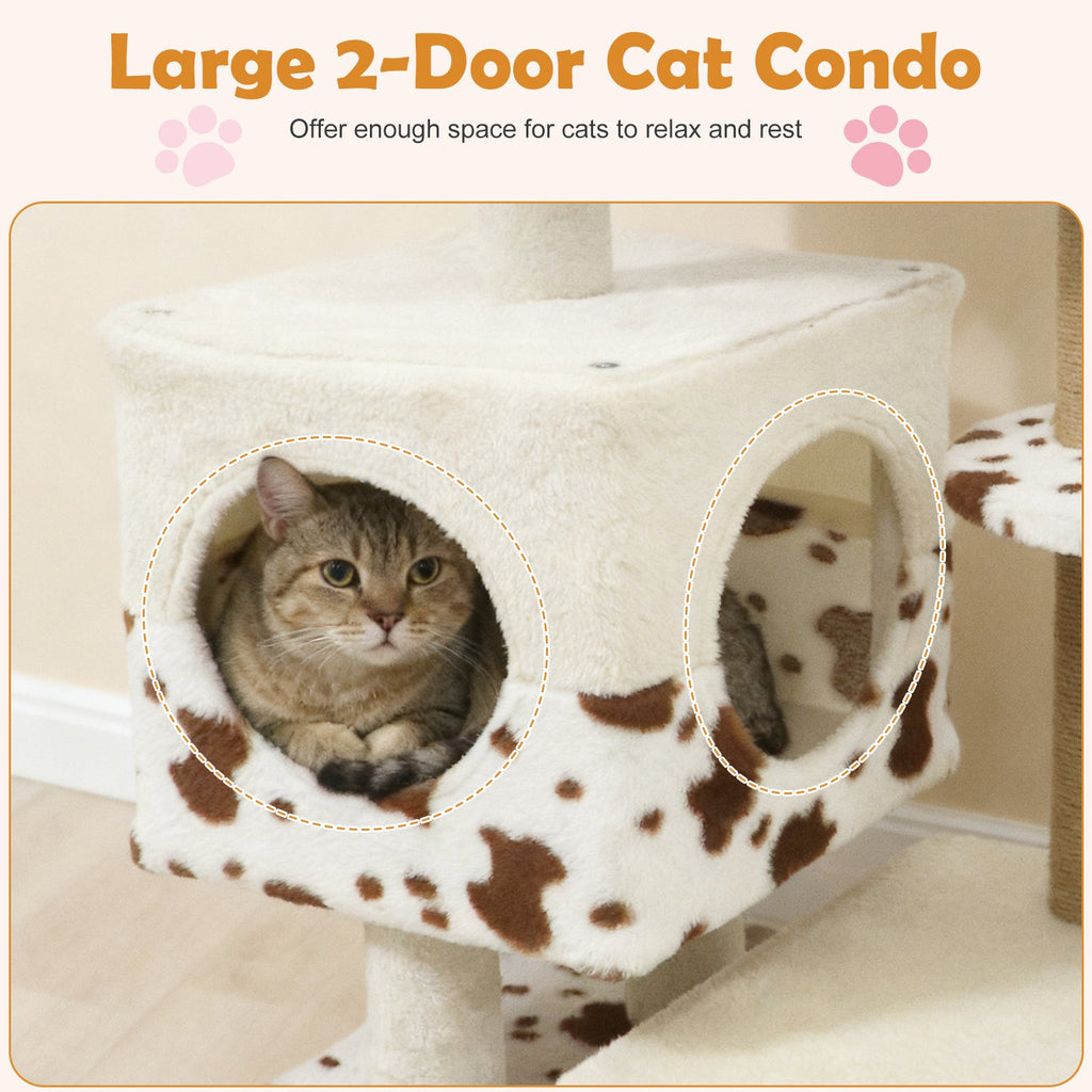 Modern Cat Tree Indoor Cat Tower with Wide Upholstered Perch and 2-Entrance Cat Condo-White DirectDeals