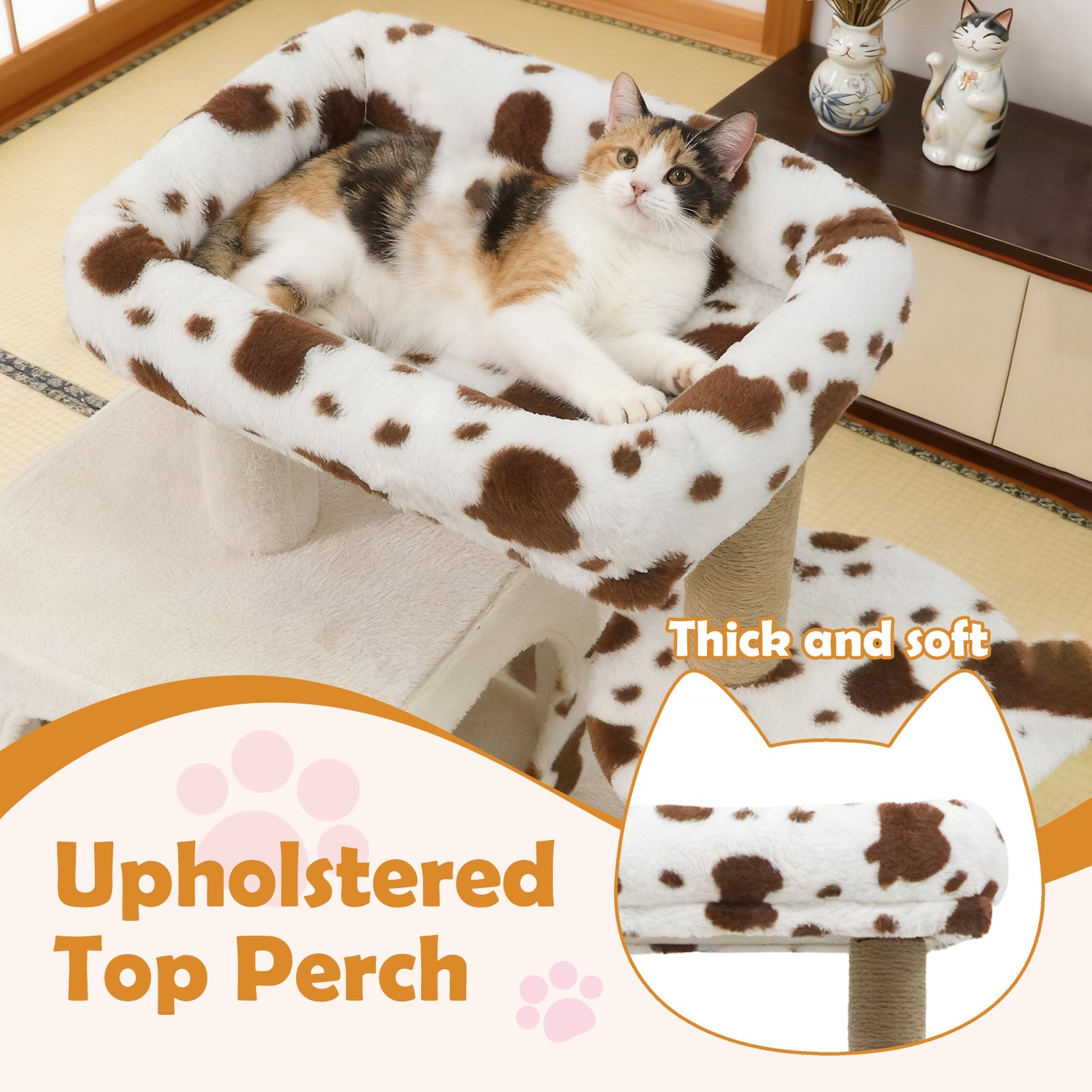 Modern Cat Tree Indoor Cat Tower with Wide Upholstered Perch and 2-Entrance Cat Condo-White DirectDeals