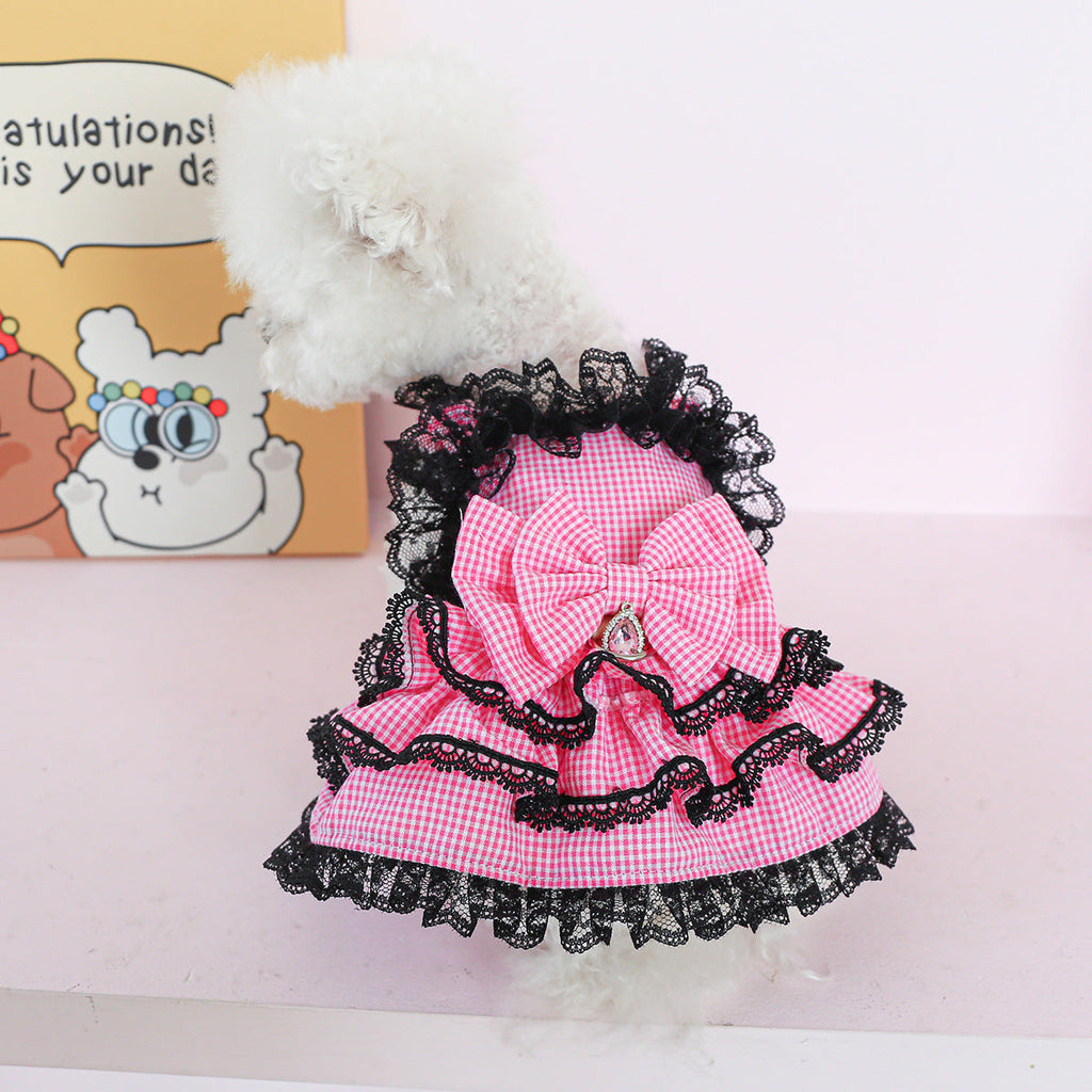 Pink Gingham Lace Dog Dress – Boutique Princess Puppy Dress with Black Lace Ruffles & Bow Jane's Pet Boutique