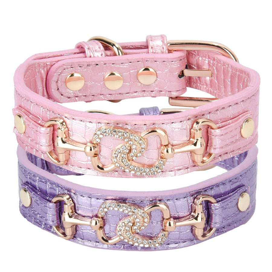 Luxury Crystal Heart Dog Collar – Pink & Purple Croc Texture Jane's Pet Boutique