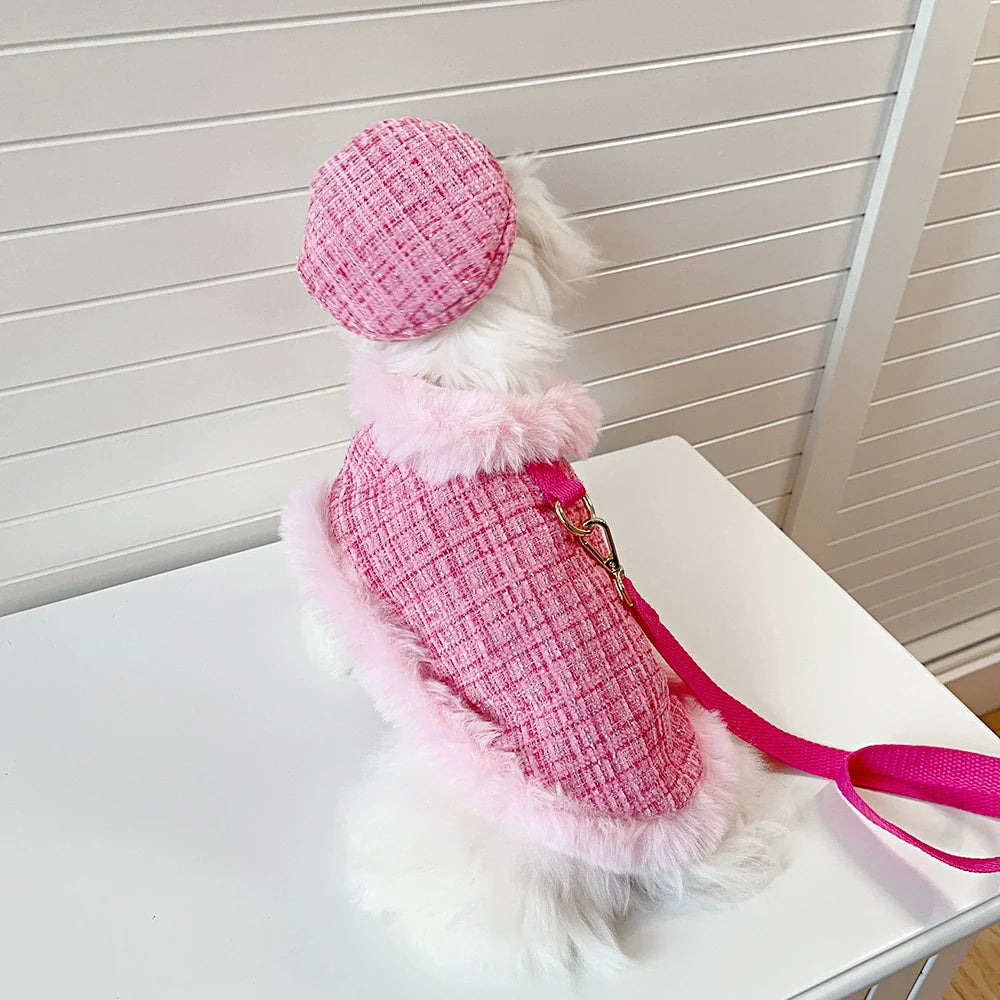 Dog cape+hat+leash sets pink tweed Jane's Pet Boutique
