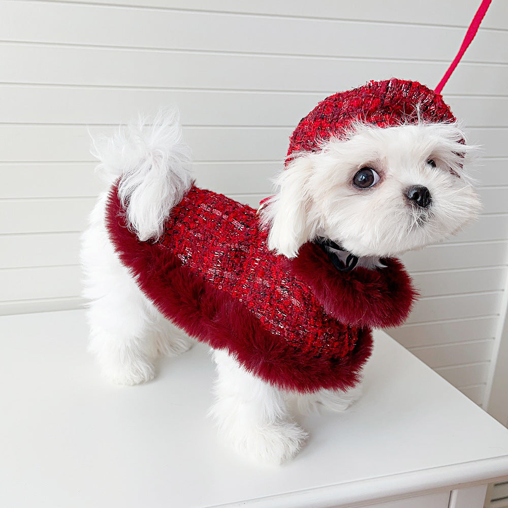 Dog cape+hat+leash sets wine tweed Jane's Pet Boutique