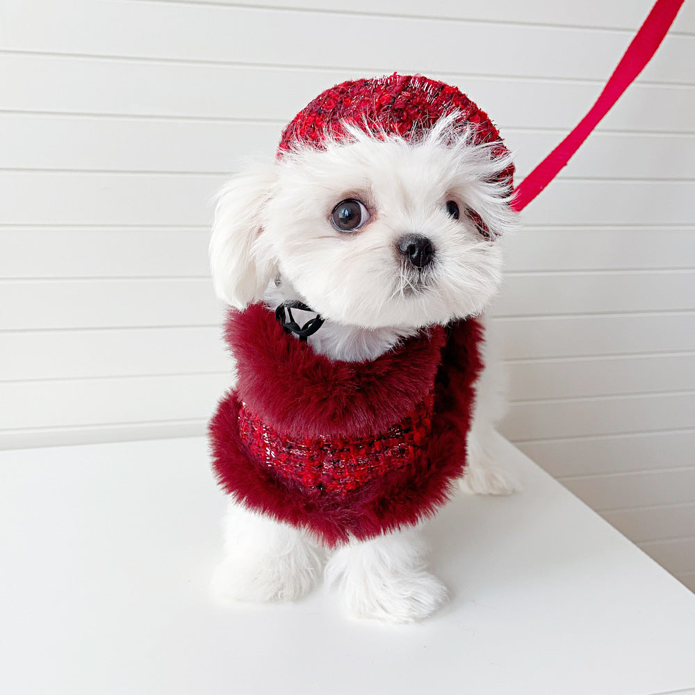 Dog cape+hat+leash sets wine tweed Jane's Pet Boutique