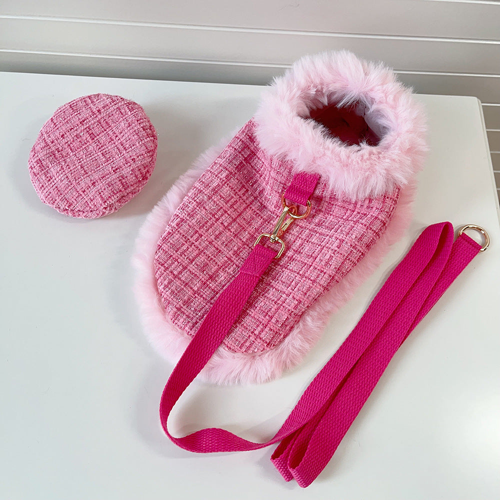 Dog cape+hat+leash sets pink tweed Jane's Pet Boutique