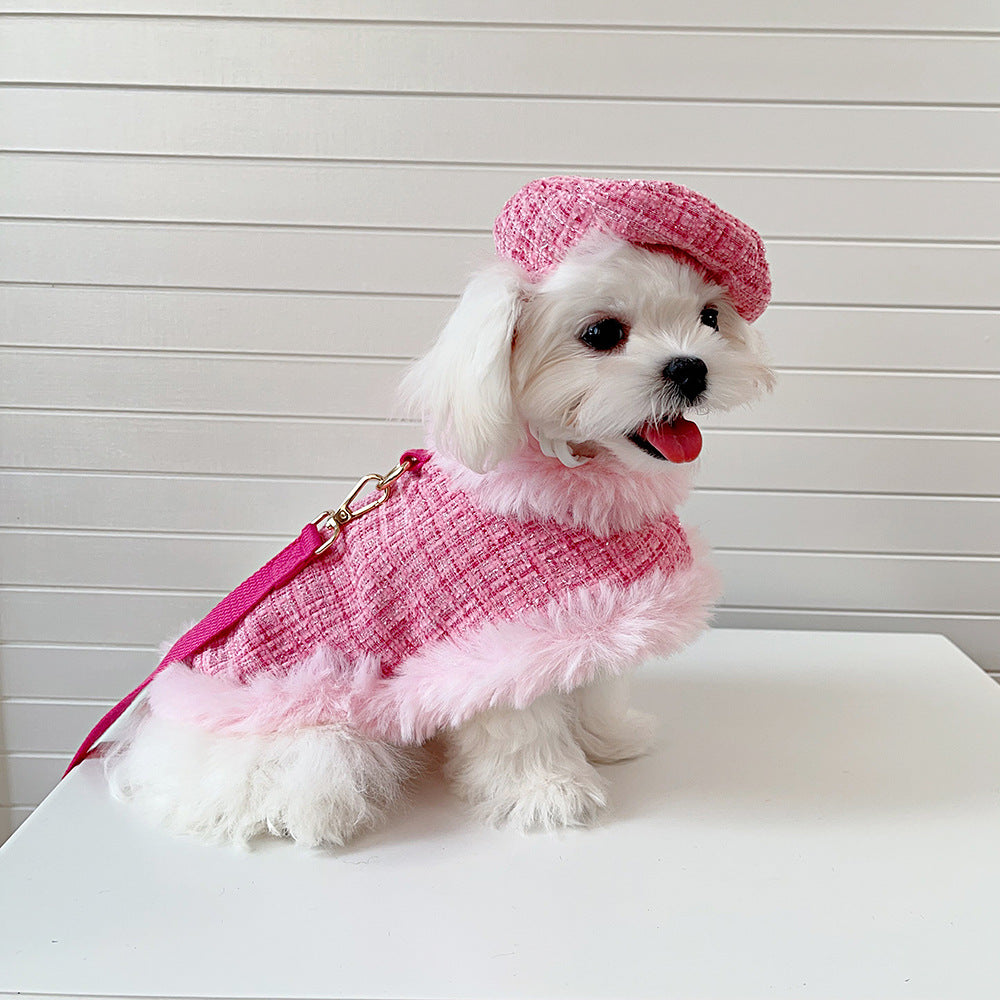 Dog cape+hat+leash sets pink tweed Jane's Pet Boutique