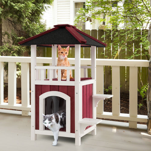 2-Story Wooden Cat House with Asphalt Roof Balcony and Rain Curtain-Red & White DirectDeals