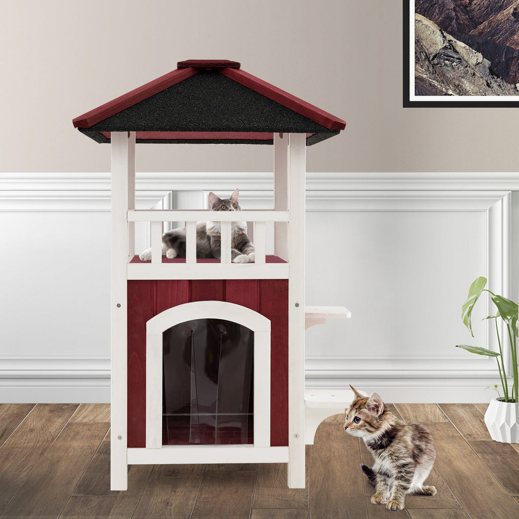2-Story Wooden Cat House with Asphalt Roof Balcony and Rain Curtain-Red & White DirectDeals