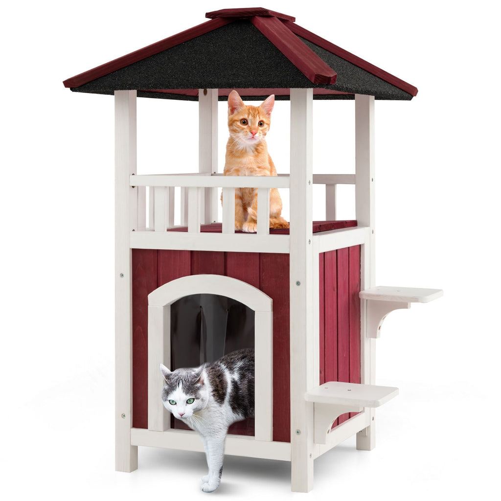 2-Story Wooden Cat House with Asphalt Roof Balcony and Rain Curtain-Red & White DirectDeals