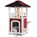 2-Story Wooden Cat House with Asphalt Roof Balcony and Rain Curtain-Red & White DirectDeals