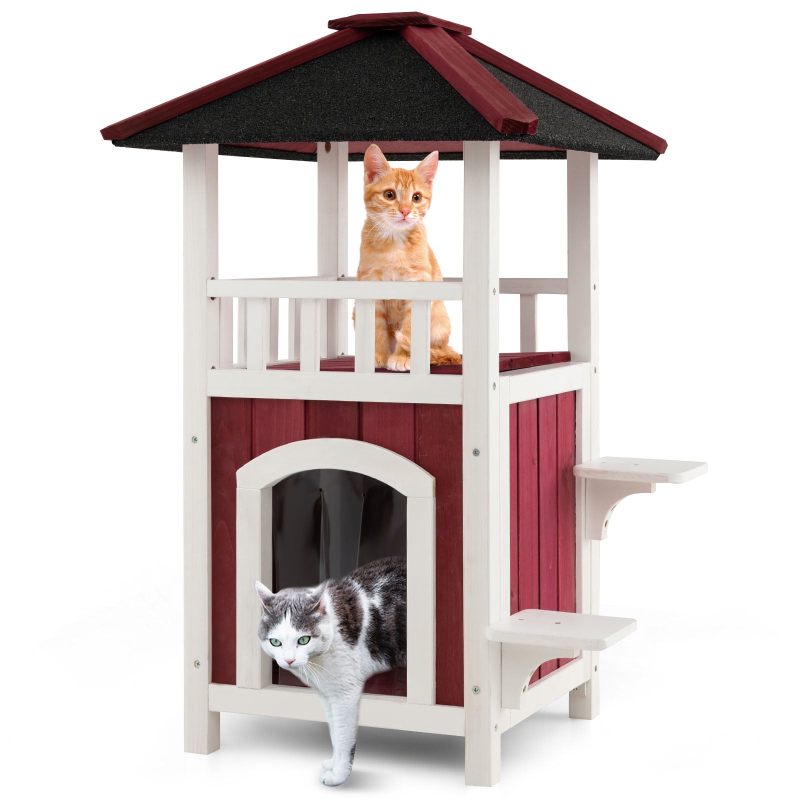 2-Story Wooden Cat House with Asphalt Roof Balcony and Rain Curtain-Red & White DirectDeals