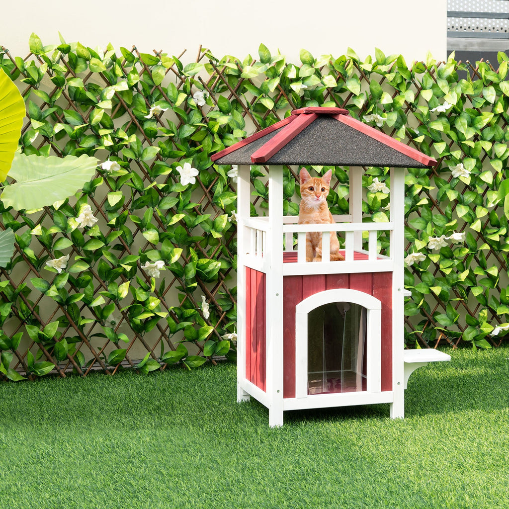 2-Story Wooden Cat House with Asphalt Roof Balcony and Rain Curtain-Red & White DirectDeals