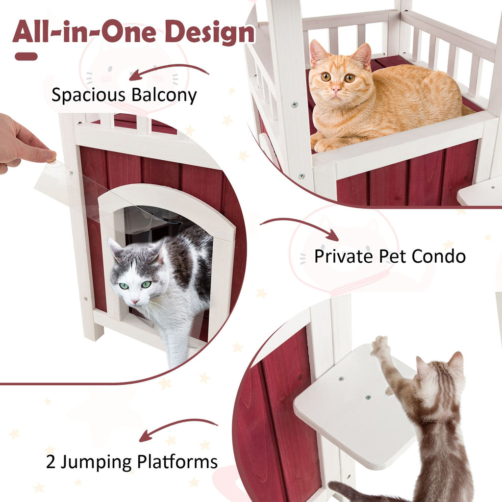 2-Story Wooden Cat House with Asphalt Roof Balcony and Rain Curtain-Red & White DirectDeals