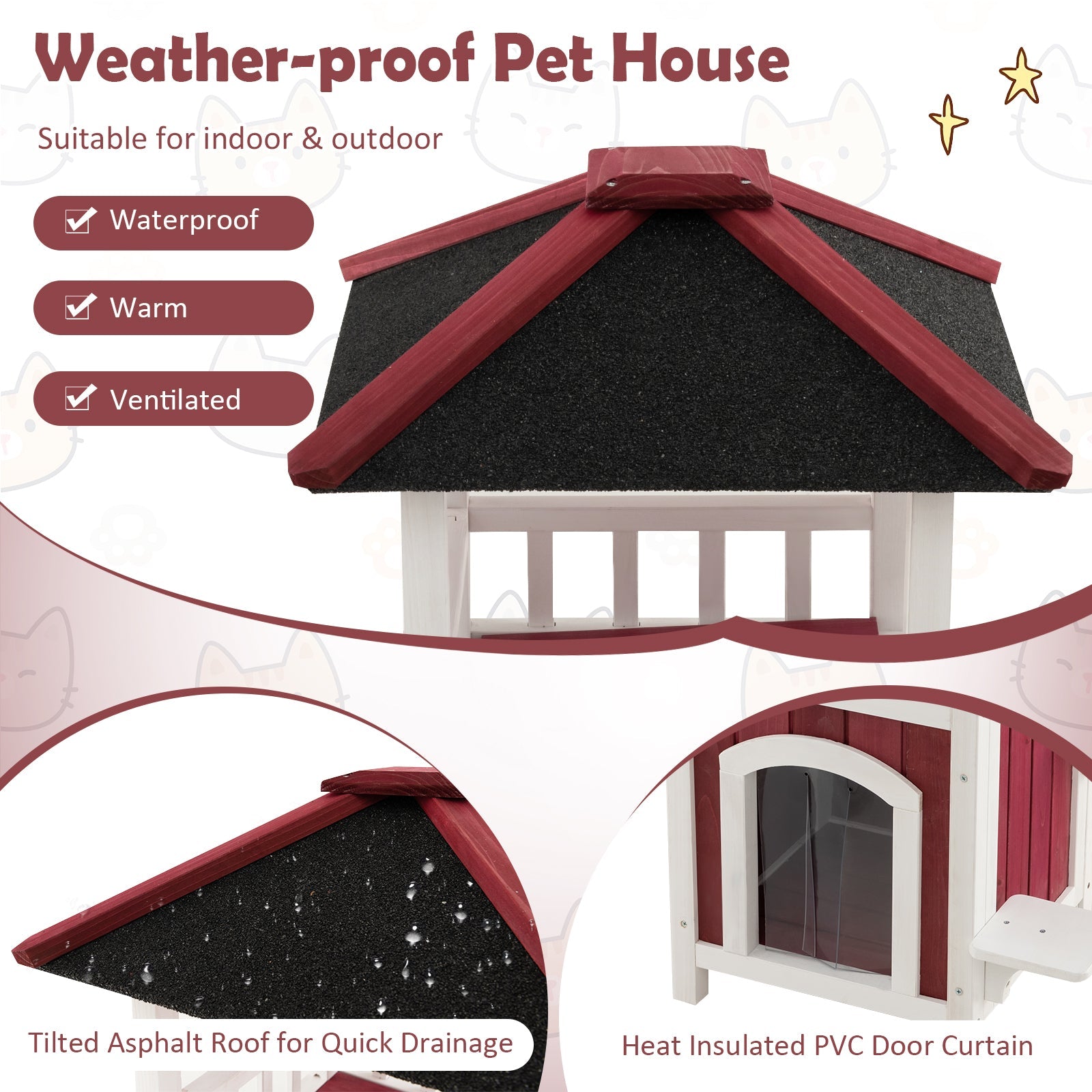 2-Story Wooden Cat House with Asphalt Roof Balcony and Rain Curtain-Red & White DirectDeals