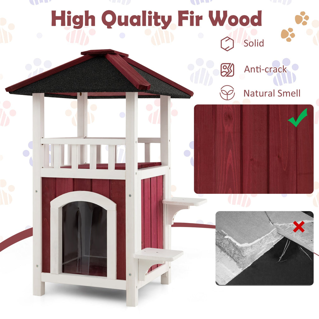 2-Story Wooden Cat House with Asphalt Roof Balcony and Rain Curtain-Red & White DirectDeals