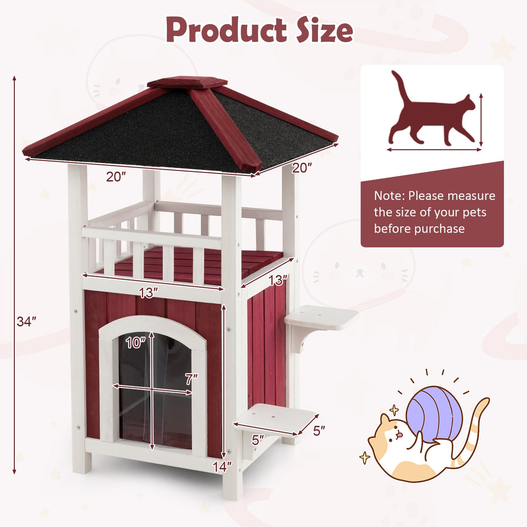 2-Story Wooden Cat House with Asphalt Roof Balcony and Rain Curtain-Red & White DirectDeals