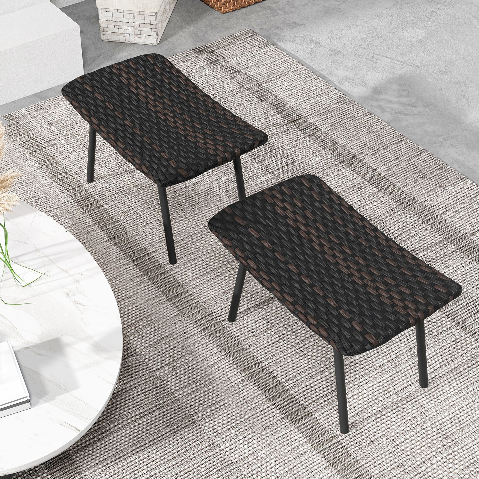 All Weather Outdoor Ottomans Set Patio Footrest Seats Set with Sturdy Metal Legs -Brown DirectDeals
