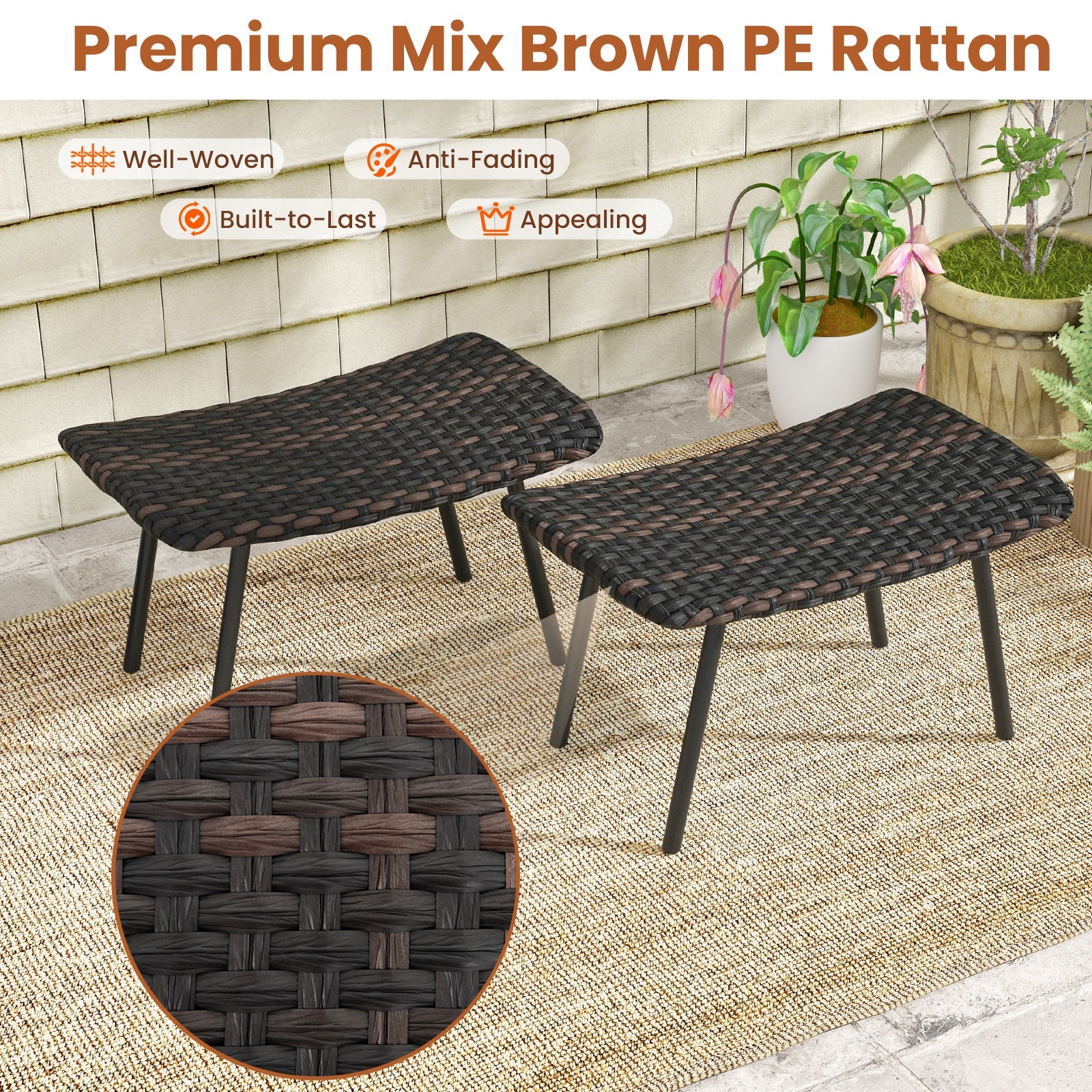 All Weather Outdoor Ottomans Set Patio Footrest Seats Set with Sturdy Metal Legs -Brown DirectDeals