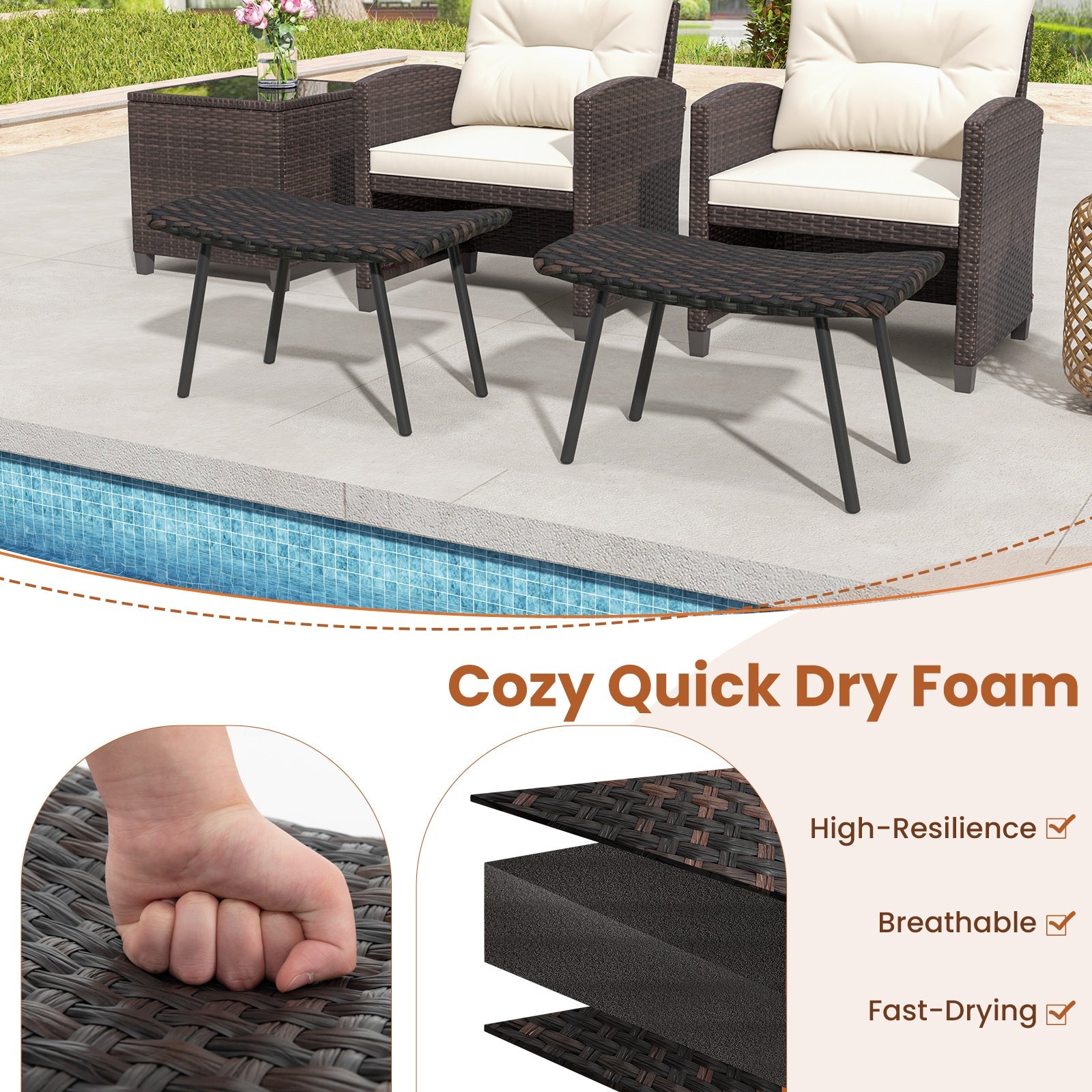 All Weather Outdoor Ottomans Set Patio Footrest Seats Set with Sturdy Metal Legs -Brown DirectDeals
