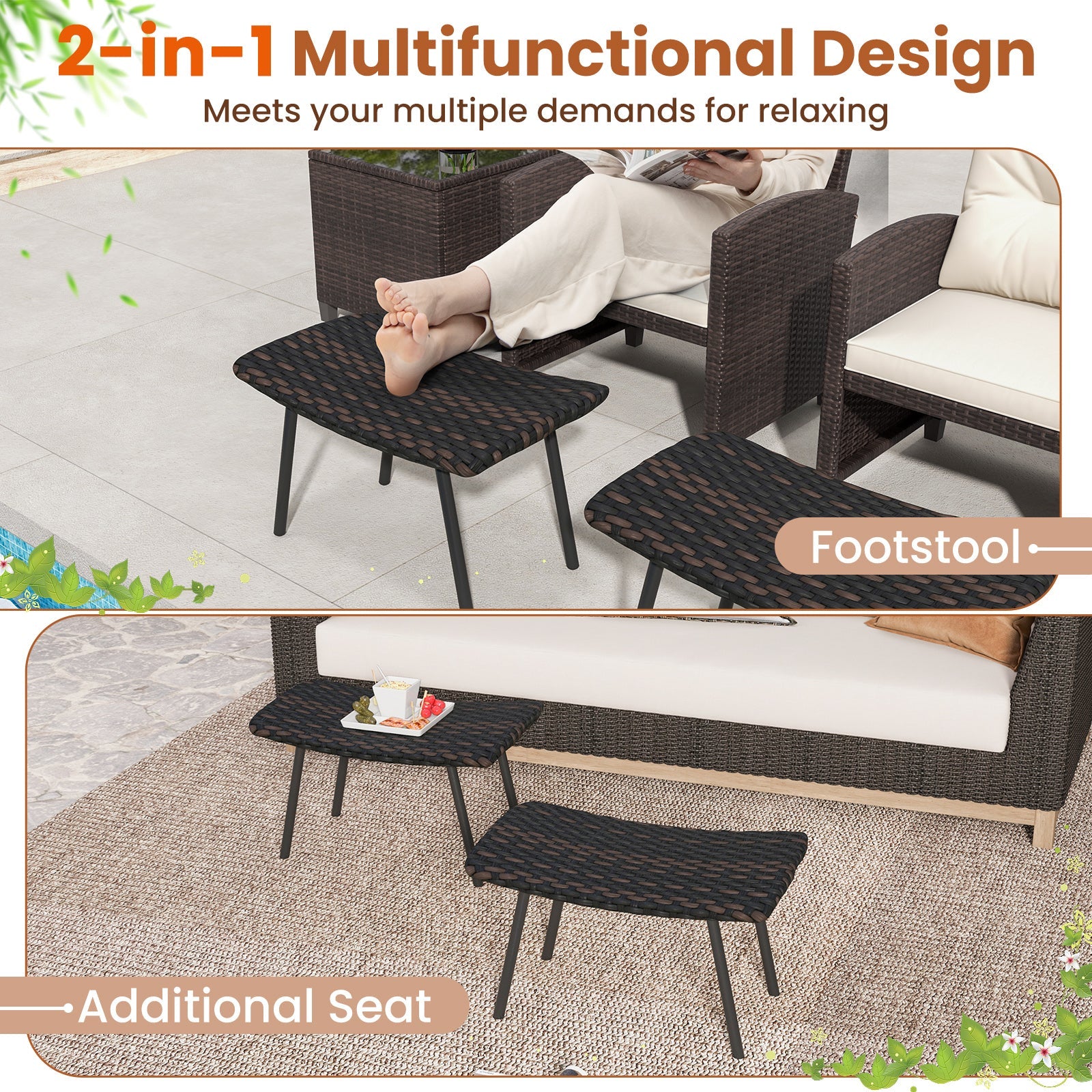 All Weather Outdoor Ottomans Set Patio Footrest Seats Set with Sturdy Metal Legs -Brown DirectDeals