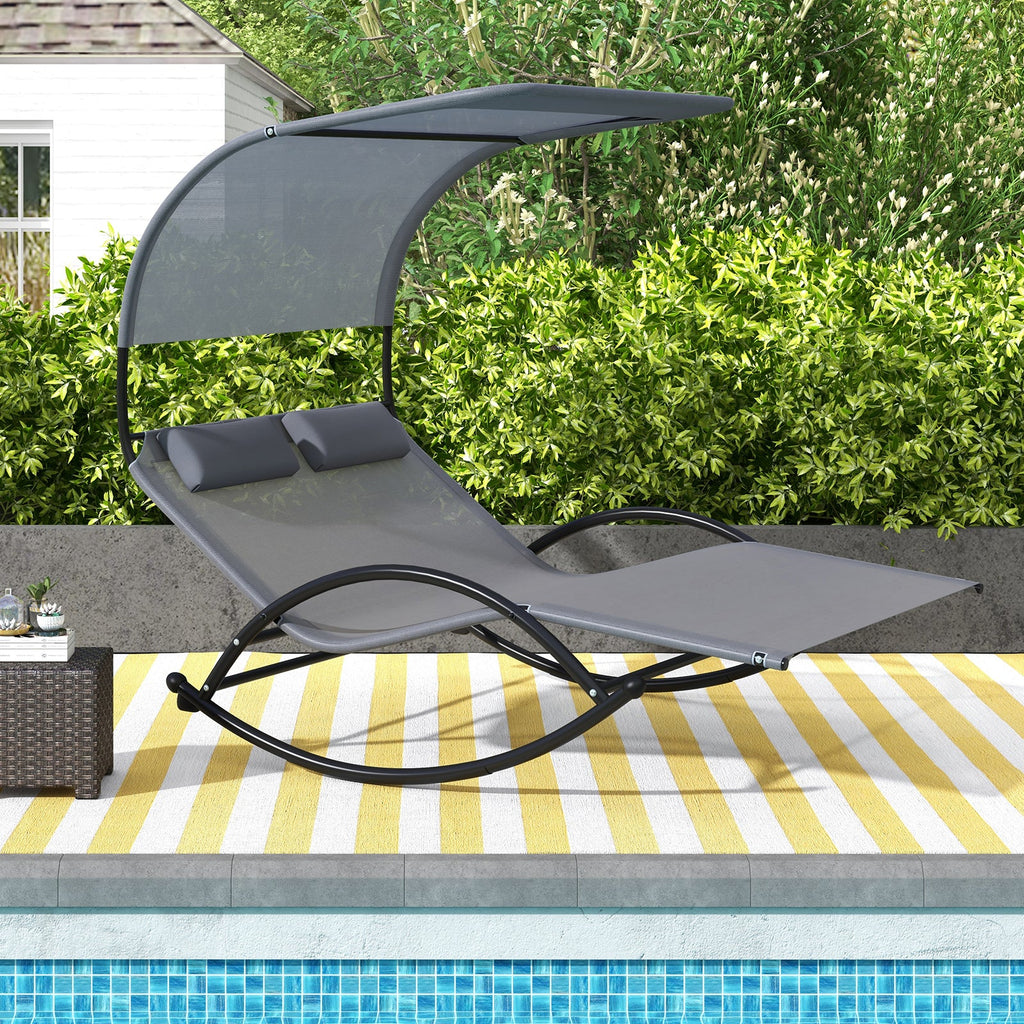 Outdoor Dual Rocker Sunbed 2-Person Canopied Patio Lounger with Detachable Headrests-Gray DirectDeals