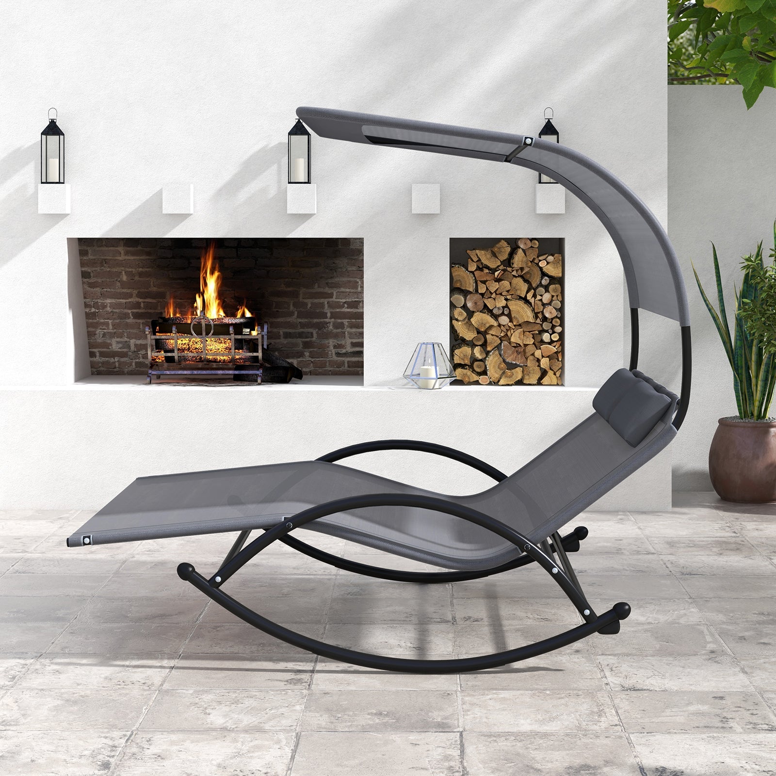 Outdoor Dual Rocker Sunbed 2-Person Canopied Patio Lounger with Detachable Headrests-Gray DirectDeals