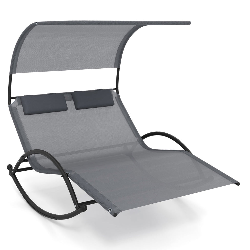 Outdoor Dual Rocker Sunbed 2-Person Canopied Patio Lounger with Detachable Headrests-Gray DirectDeals