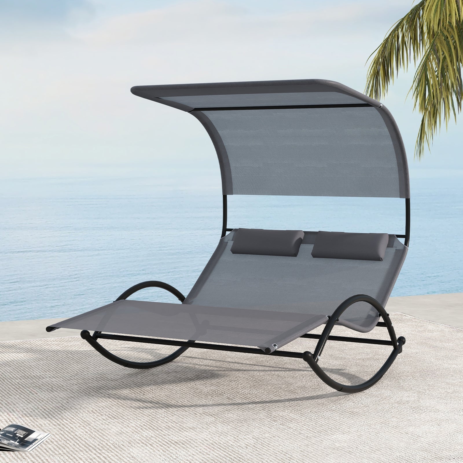 Outdoor Dual Rocker Sunbed 2-Person Canopied Patio Lounger with Detachable Headrests-Gray DirectDeals