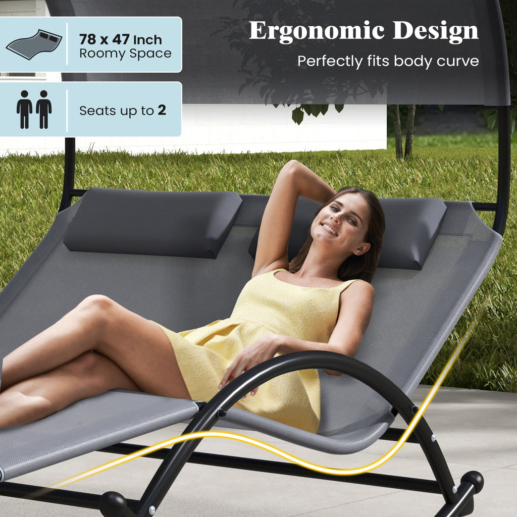 Outdoor Dual Rocker Sunbed 2-Person Canopied Patio Lounger with Detachable Headrests-Gray DirectDeals