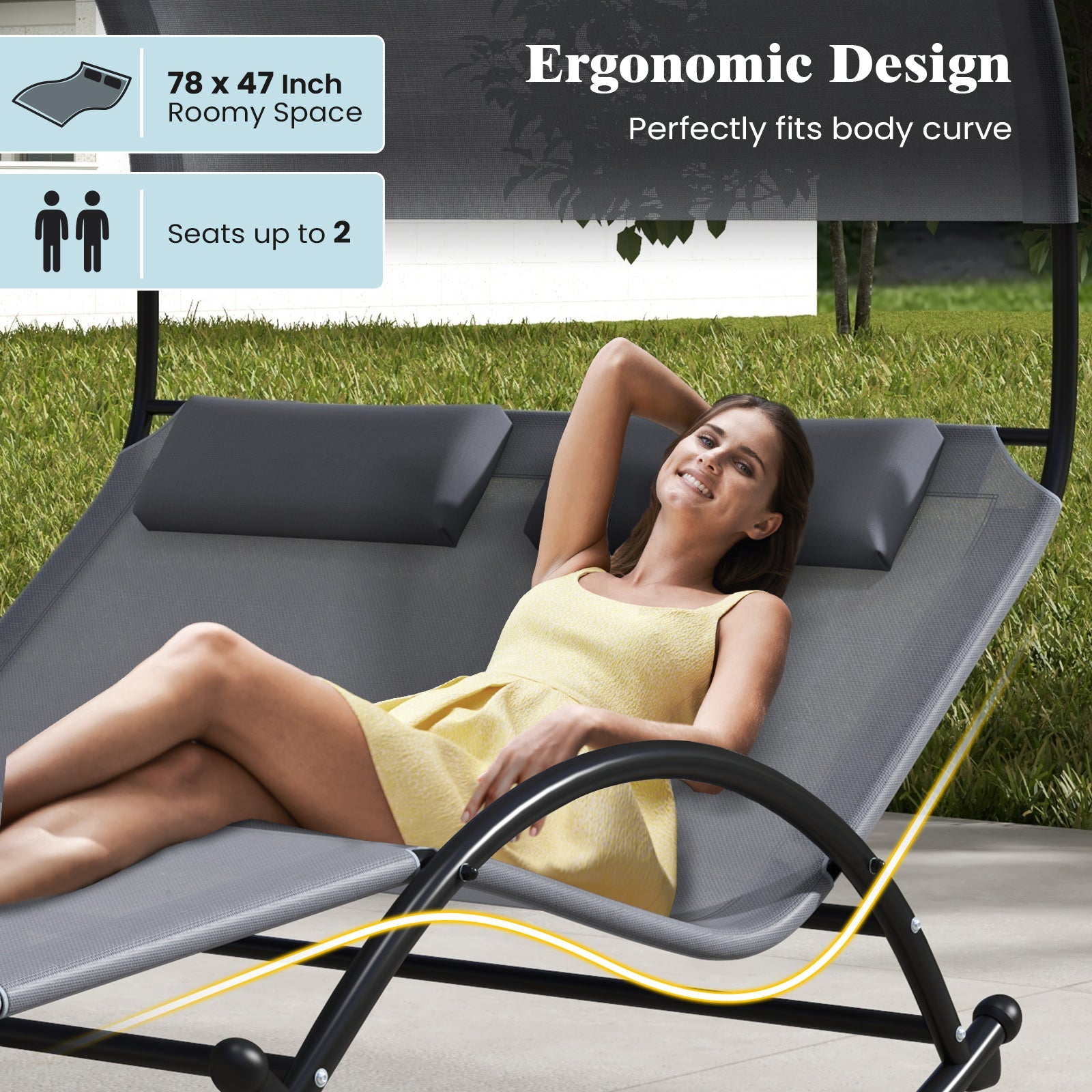 Outdoor Dual Rocker Sunbed 2-Person Canopied Patio Lounger with Detachable Headrests-Gray DirectDeals
