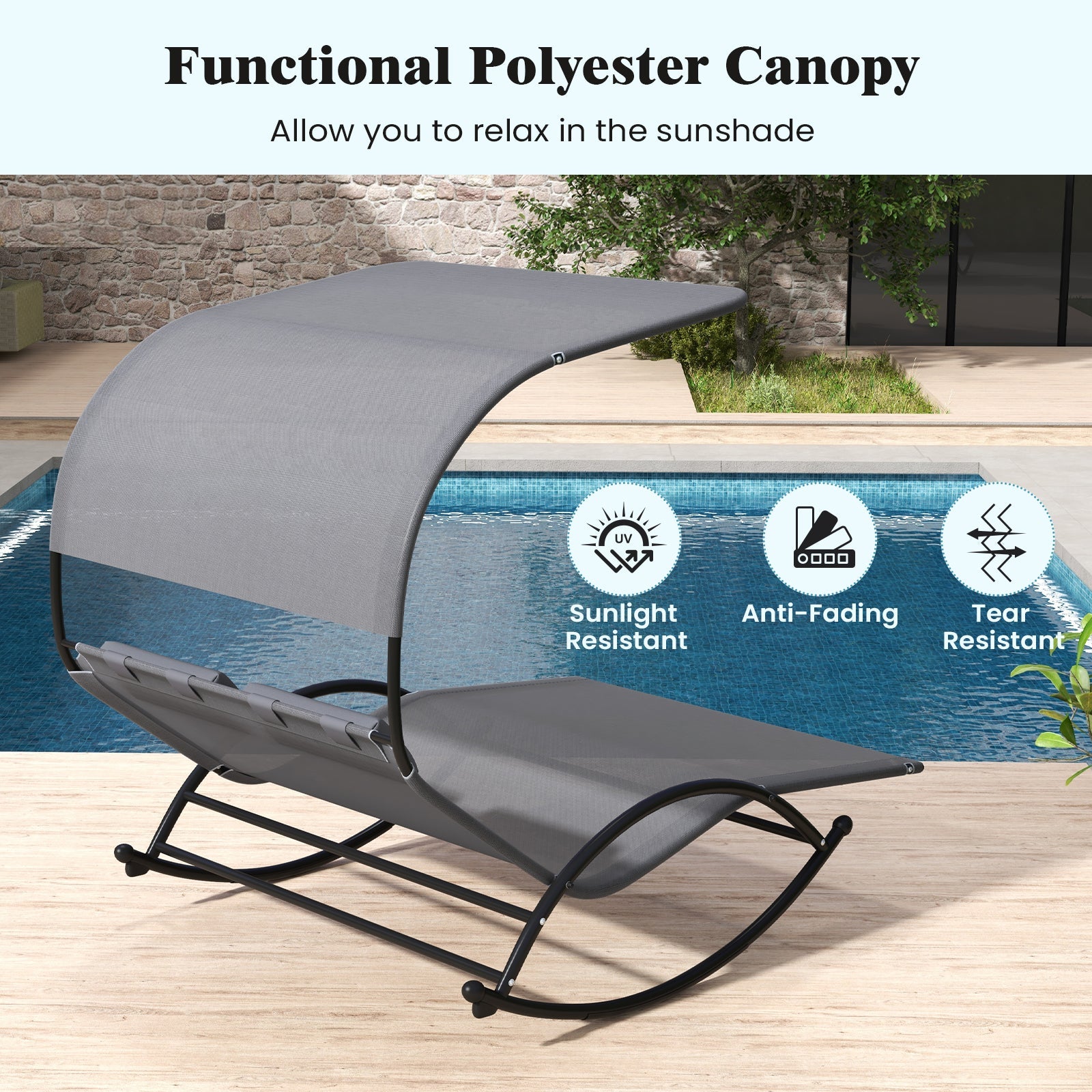 Outdoor Dual Rocker Sunbed 2-Person Canopied Patio Lounger with Detachable Headrests-Gray DirectDeals