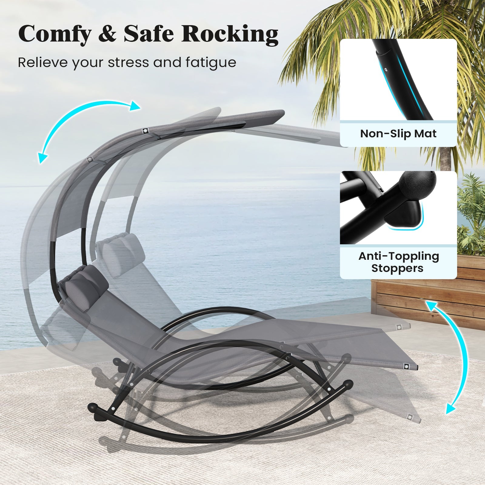 Outdoor Dual Rocker Sunbed 2-Person Canopied Patio Lounger with Detachable Headrests-Gray DirectDeals