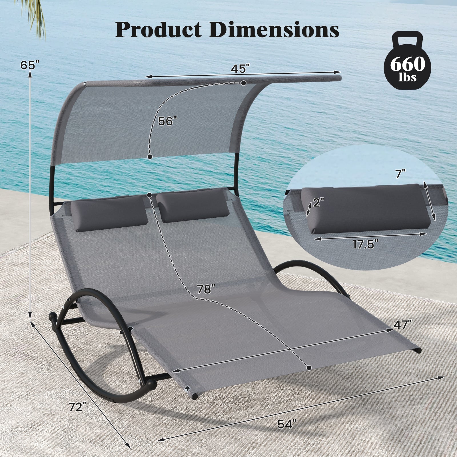 Outdoor Dual Rocker Sunbed 2-Person Canopied Patio Lounger with Detachable Headrests-Gray DirectDeals