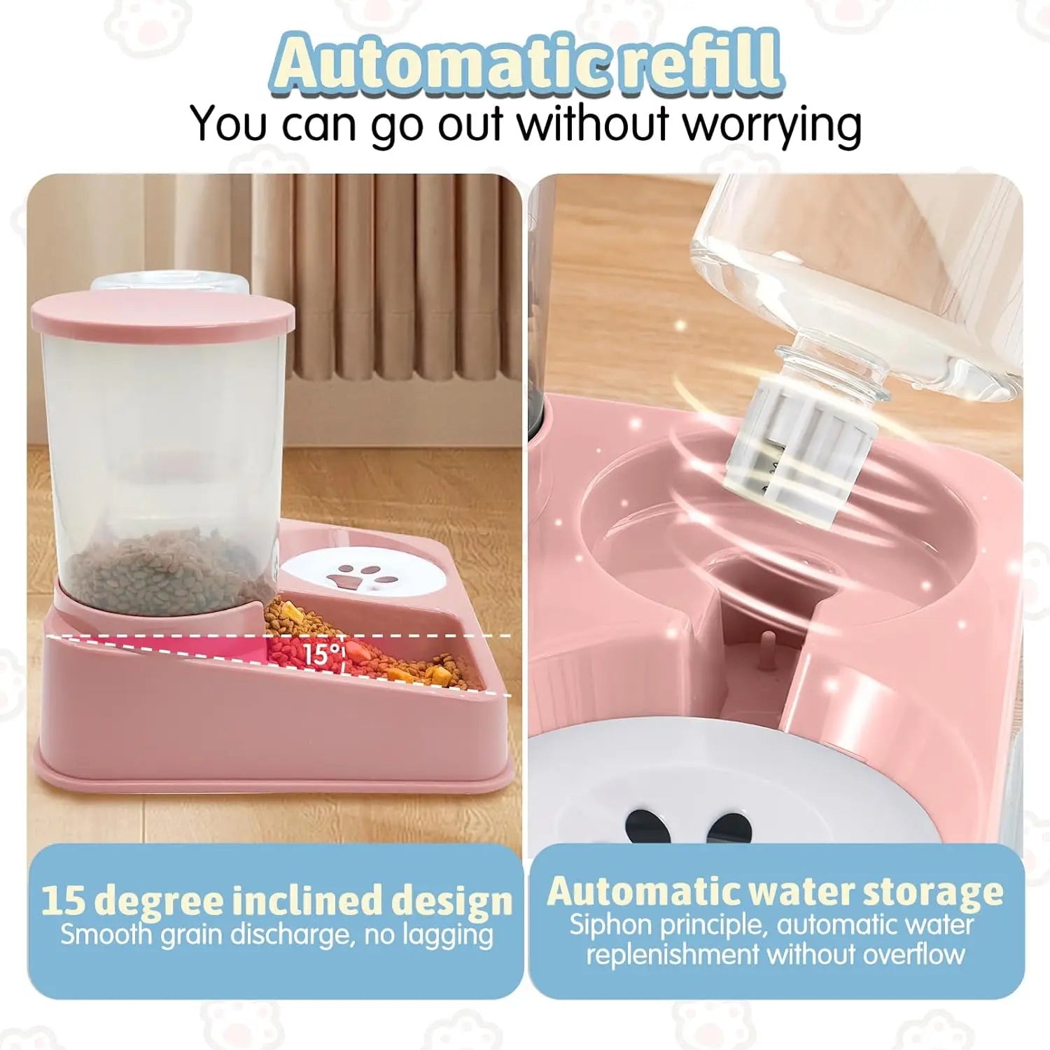 Automatic Cat Feeder Water Dispenser Set, 2 In 1 Tilted Automatic Pet Food And Water Feeder Gravity Food Feeder and Waterer oakeer Official Store