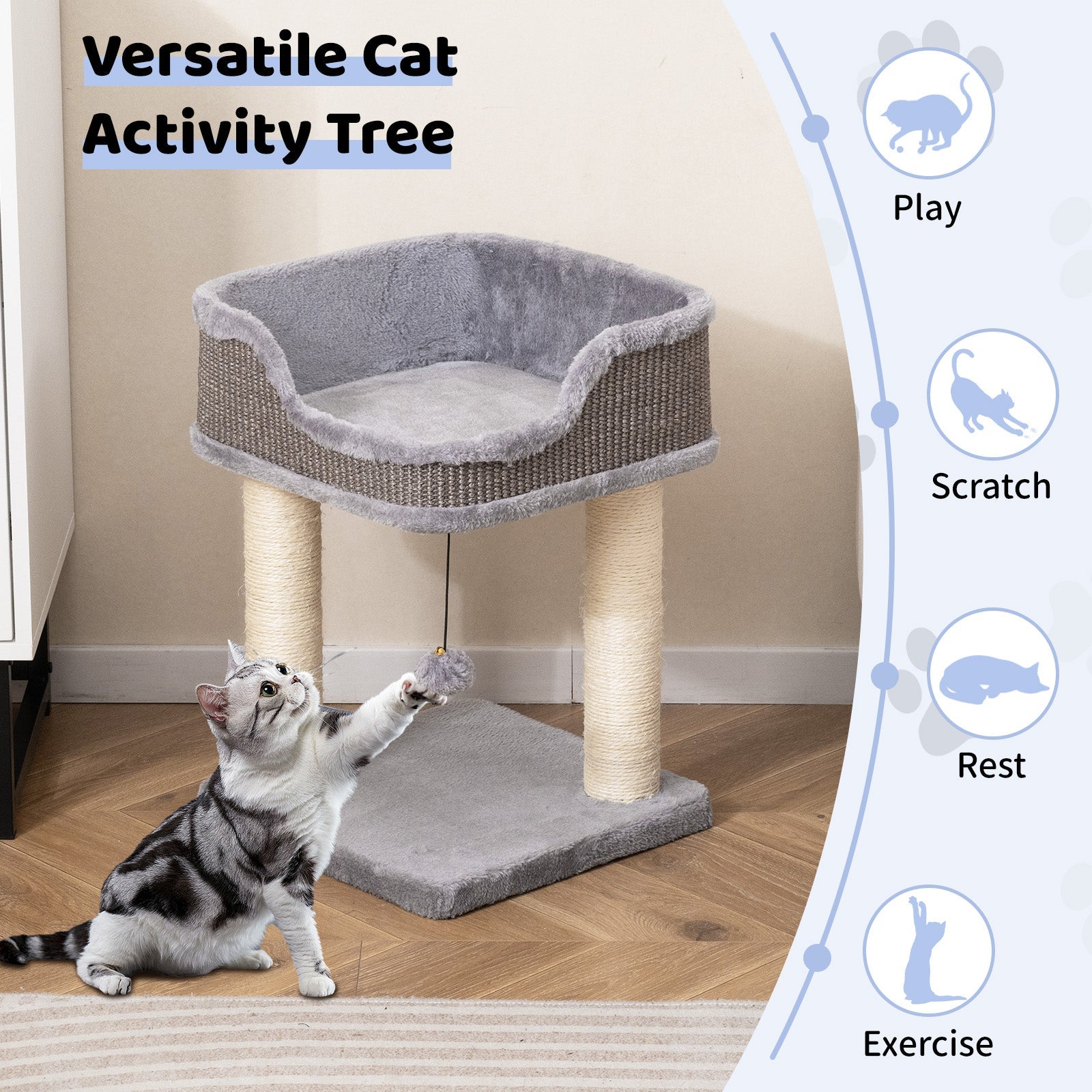 Small Cat Tree for Indoor Cats Kitty Tower with Comfy Plush Perch Sisal Scratching Posts-Gray DirectDeals