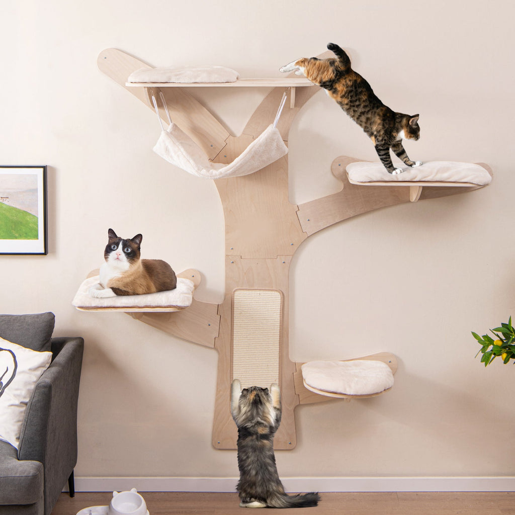 Wall-Mounted Cat Tower with Hammock Platforms and Sisal Scratching Mat-Natural DirectDeals