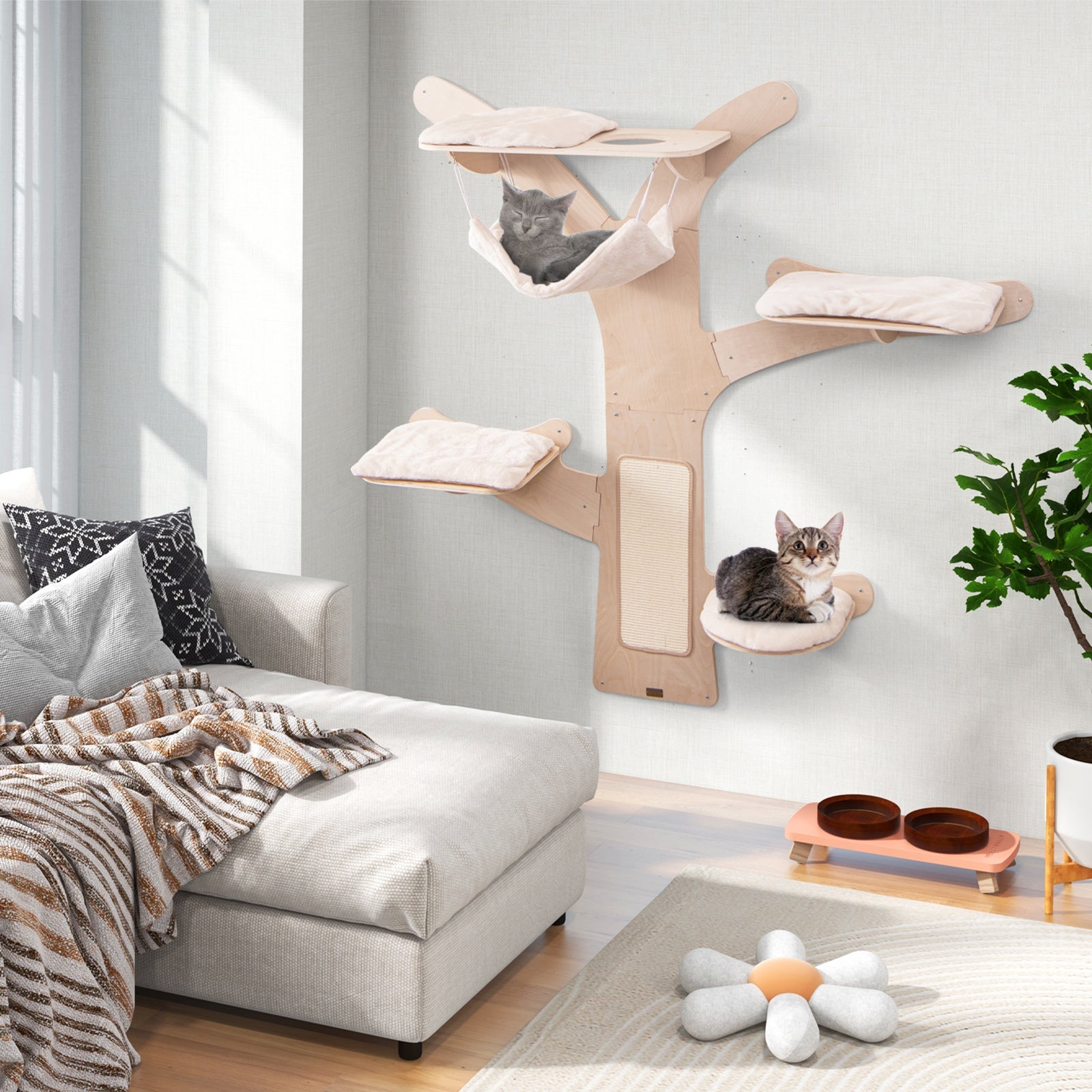 Wall-Mounted Cat Tower with Hammock Platforms and Sisal Scratching Mat-Natural DirectDeals