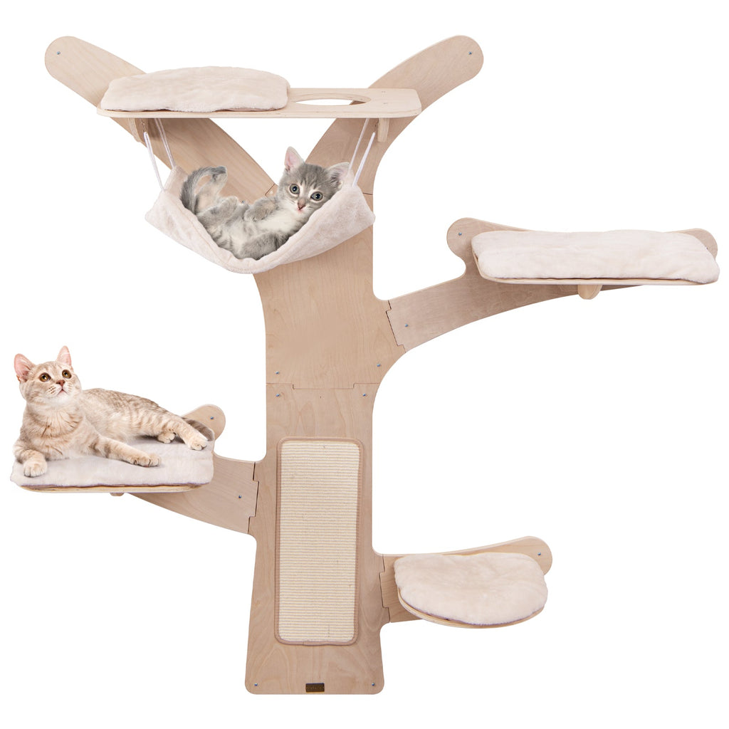 Wall-Mounted Cat Tower with Hammock Platforms and Sisal Scratching Mat-Natural DirectDeals