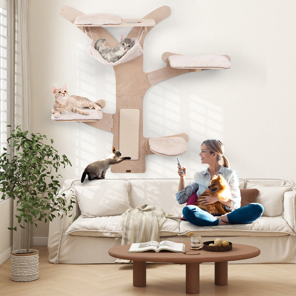 Wall-Mounted Cat Tower with Hammock Platforms and Sisal Scratching Mat-Natural DirectDeals