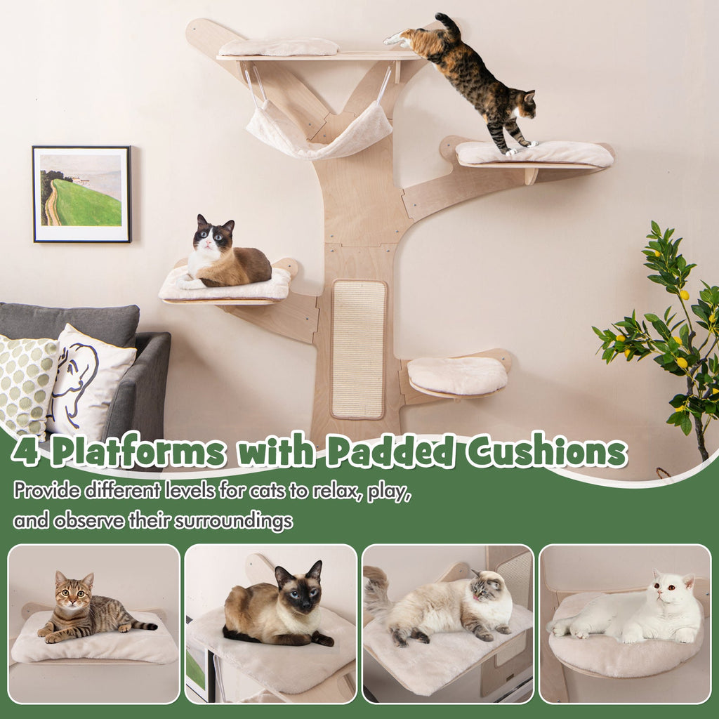 Wall-Mounted Cat Tower with Hammock Platforms and Sisal Scratching Mat-Natural DirectDeals