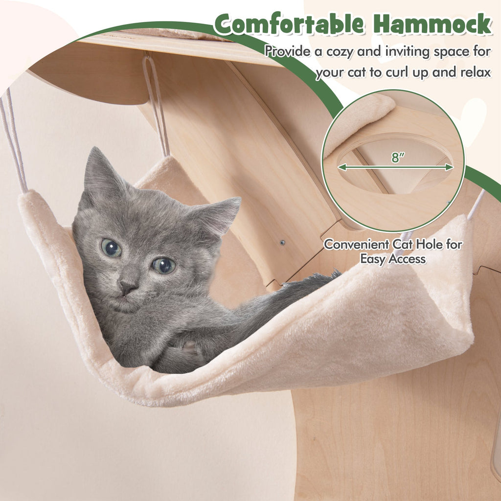 Wall-Mounted Cat Tower with Hammock Platforms and Sisal Scratching Mat-Natural DirectDeals