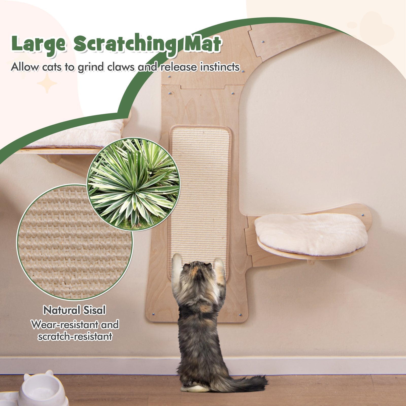 Wall-Mounted Cat Tower with Hammock Platforms and Sisal Scratching Mat-Natural DirectDeals