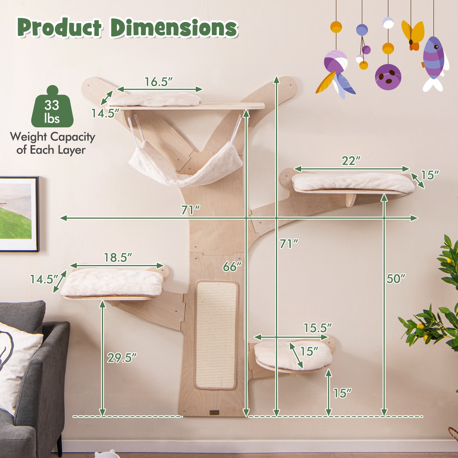Wall-Mounted Cat Tower with Hammock Platforms and Sisal Scratching Mat-Natural DirectDeals