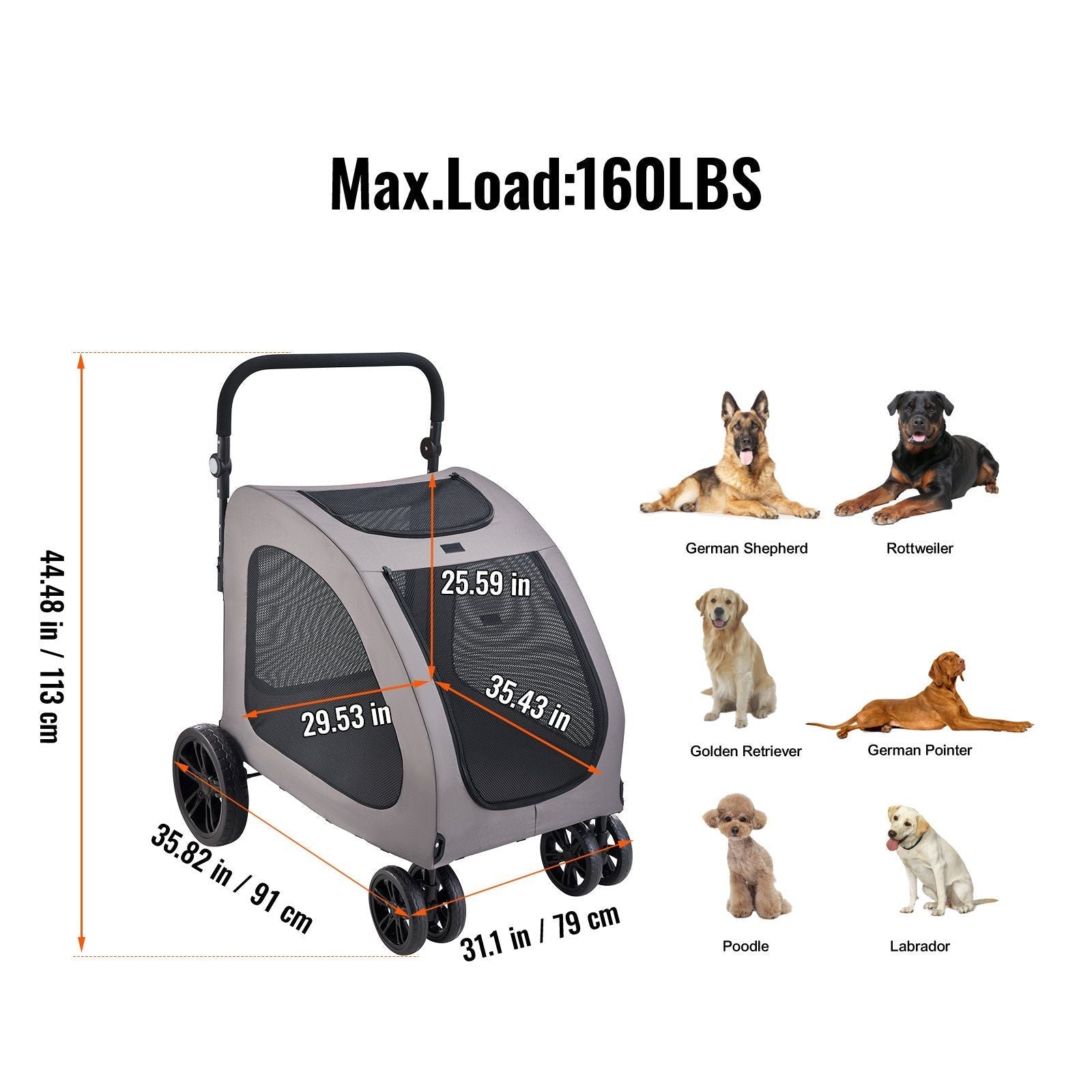 Pet Stroller - 4-Wheels Dog Stroller Carrier 160lbs Weight Capacity Portable Berry Charmz