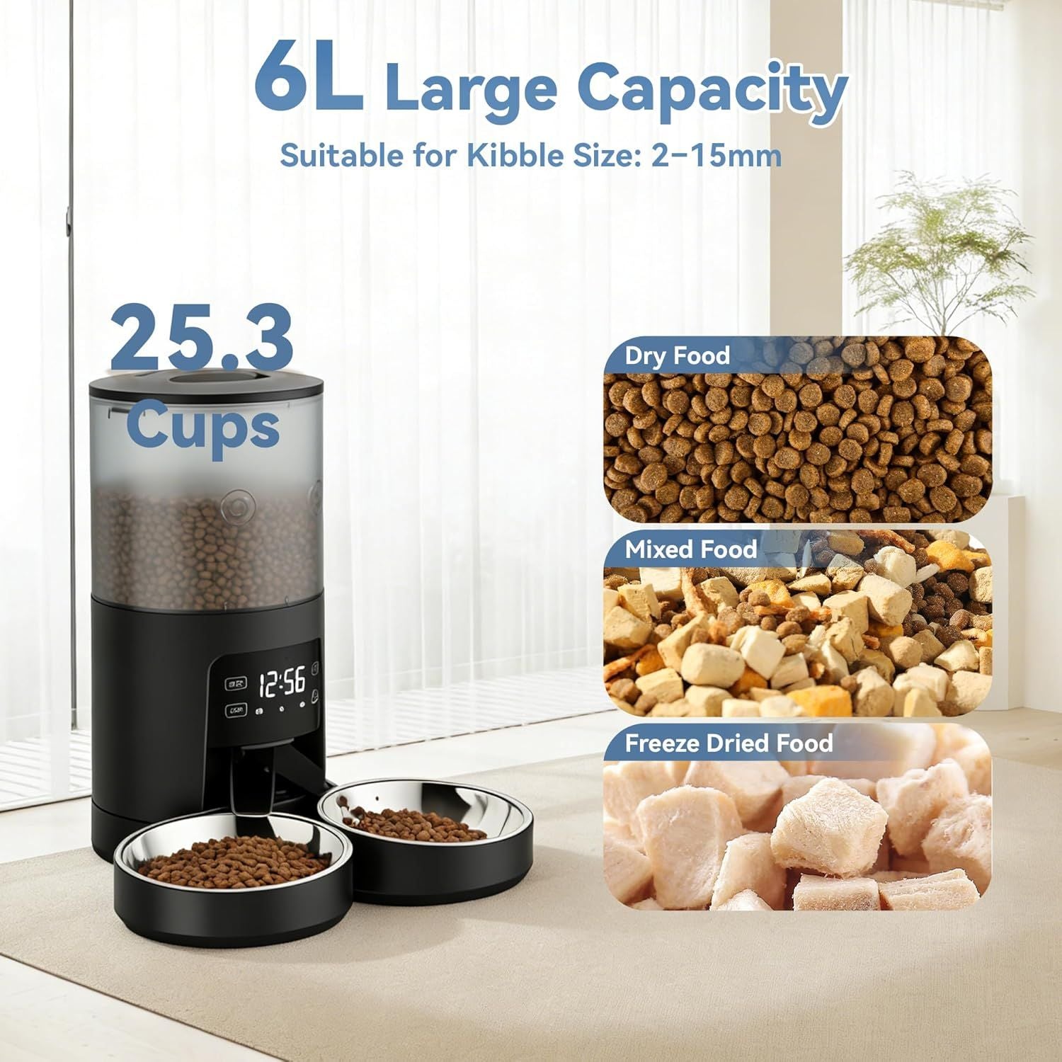 6L Automatic Cat Feeder for 2 Cats, Timed Cat Food Dispenser with 2 Stainless Bowls, 10s Voice Recorder, Dual Power Supply, 6 Meals 50 Portions Per Day, Dual Pet Feeder for Cat and Dog New Era Fashion LLc