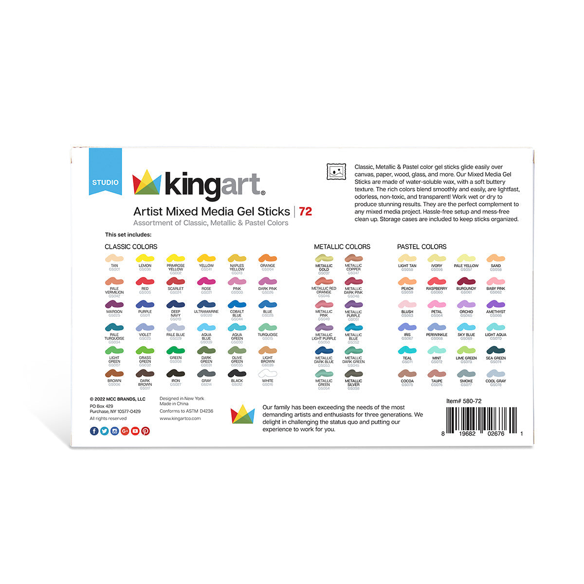 Mixed Media Gel Stick Crayons - 72 Colors KINGART
