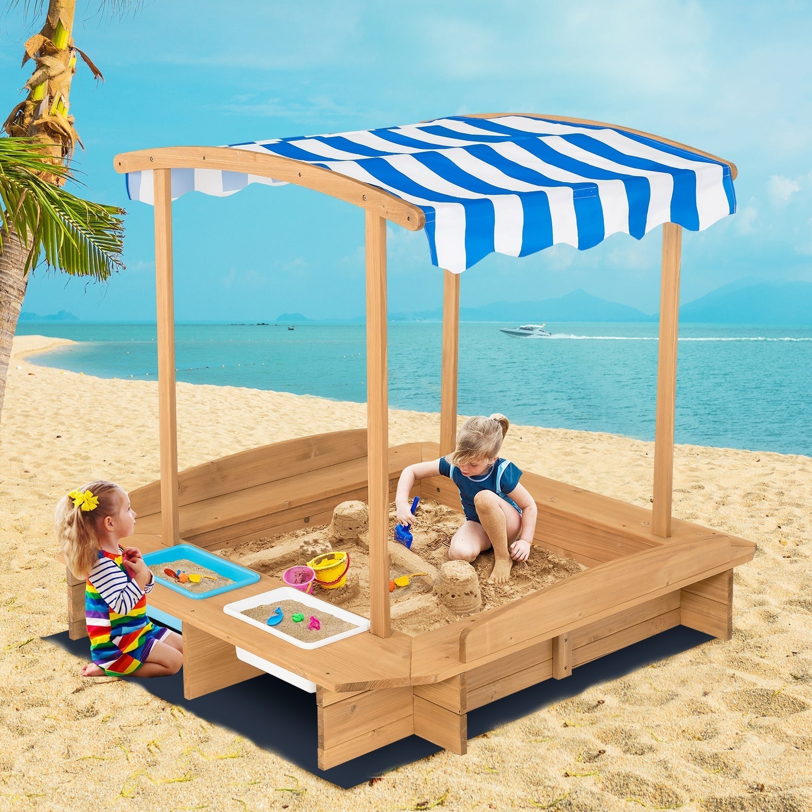 Kids Wooden Sandbox with Striped Canopy GBruno Store
