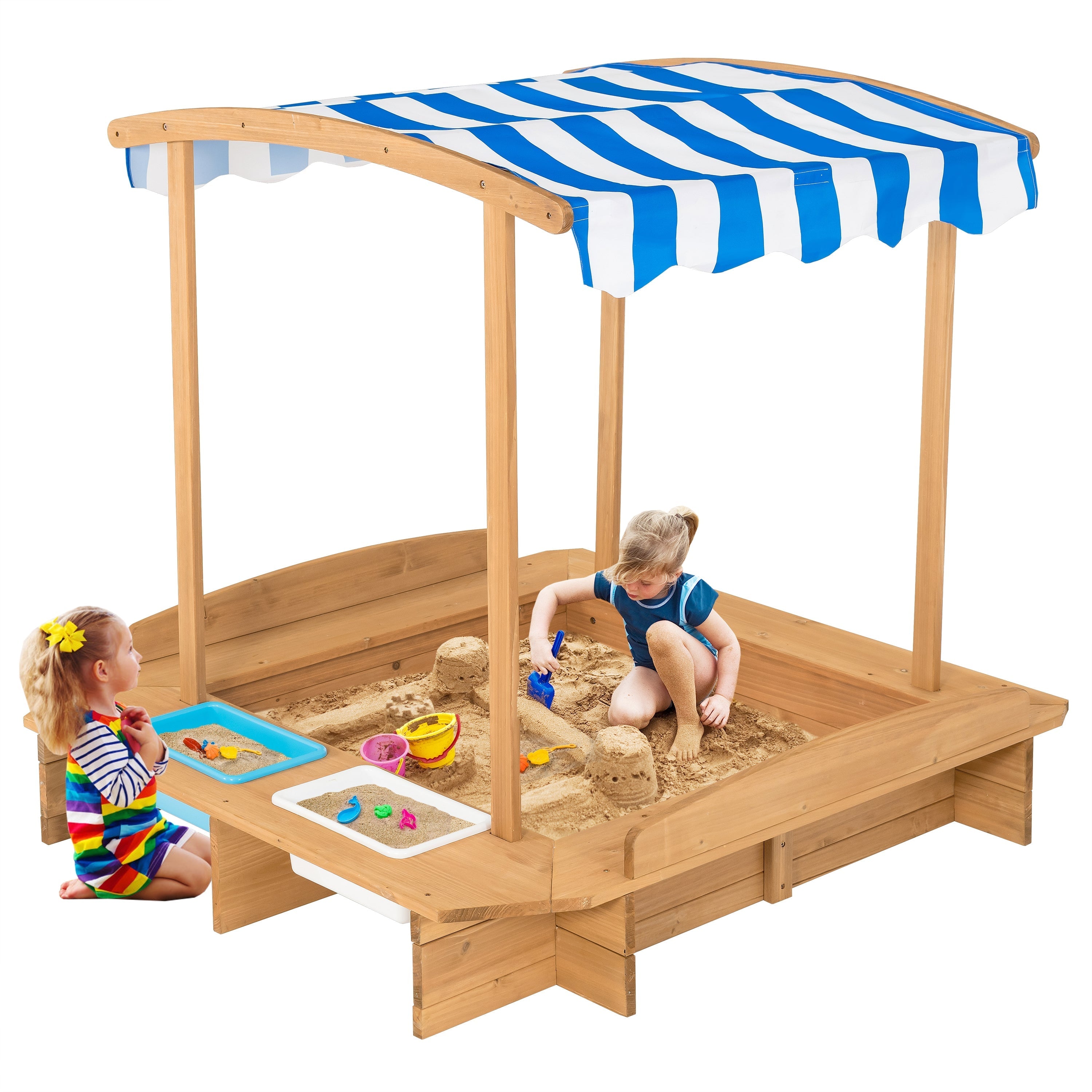 Kids Wooden Sandbox with Striped Canopy GBruno Store